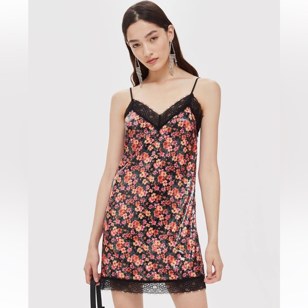 Topshop Size 4 Women's Floral Sequin Lace Trim Slip Mini Dress in Black Multi - Picture 2 of 5